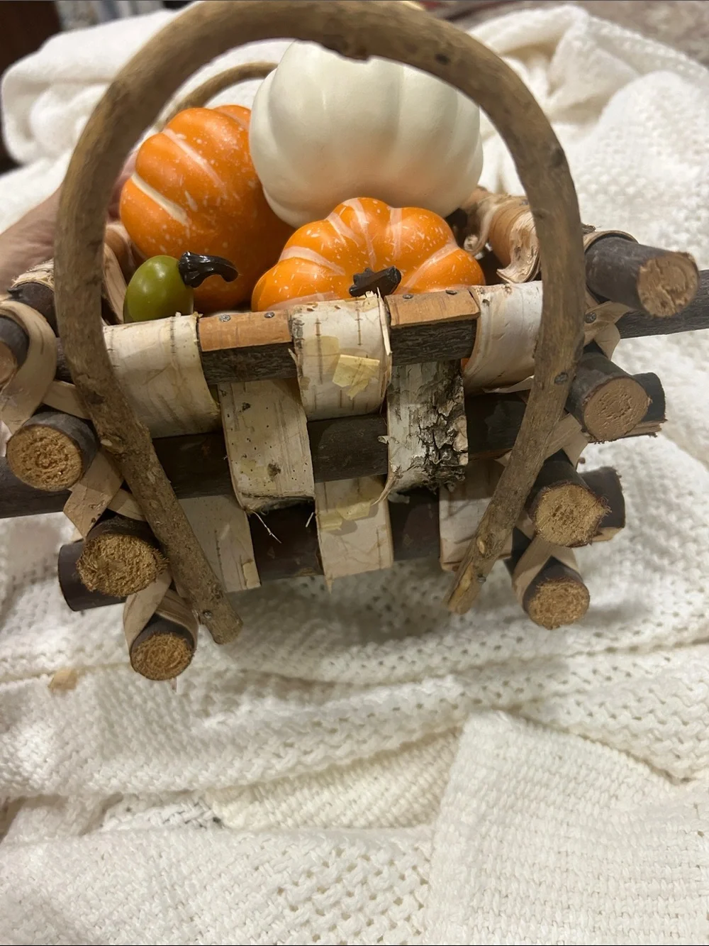 Rustic Fall Harvest Decorative Basket with Orange, White & Faux Pumpkins